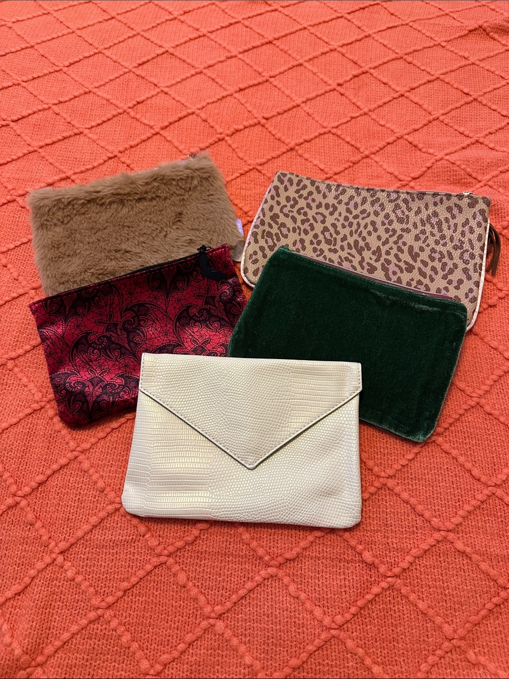 ipsy Five-Piece Cosmetic Pouch Set — Cream, Brown, Green, Red, Leopard Print